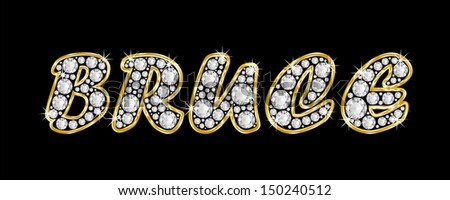The boy, male name BRUCE made of a shiny diamonds style font, brilliant gem stone letters building the word, isolated on black background.