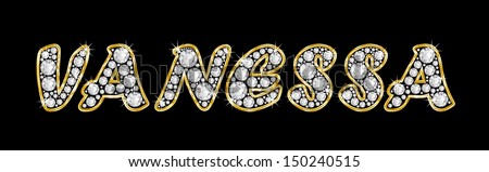 The girl, female name VANESSA made of a shiny diamonds style font, brilliant gem stone letters building the word, isolated on black background.