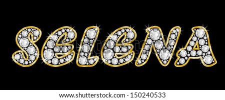 The girl, female name SELENA made of a shiny diamonds style font, brilliant gem stone letters building the word, isolated on black background.