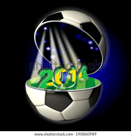 Soccer or Football Universe - 2014. Very detailed illustration of a open ball or sphere as a soccer ball. Spotlights highlighting brazilian world cup symbol, 2014 on soccer field in abstract stadium.