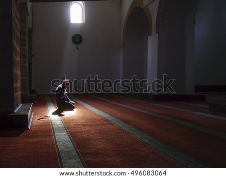 After prayers, Muslims praying in a mystical environment