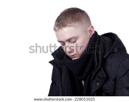 young man in a black jacket  on a white background