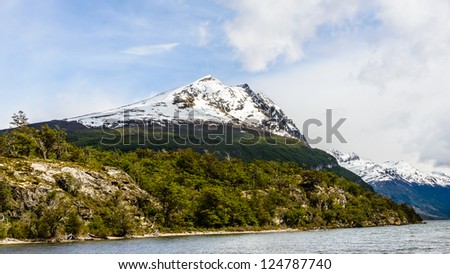 Mountain covered with snow, view from  the Ushuaia National Park, Argentina, South America