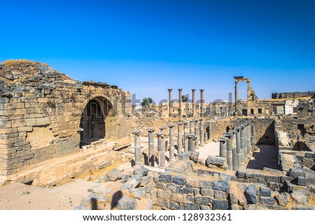 Roman ruins north of the citadel. City of Bosra, Syria. UNESCO world heritage