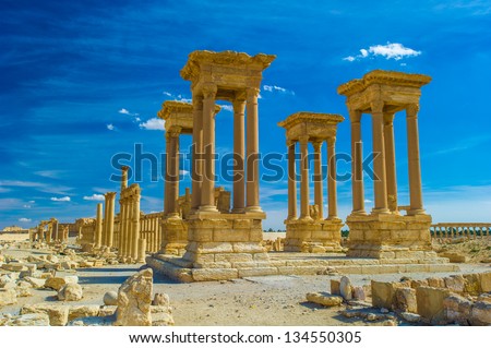 Ancient ruins in the desert of Palmyra, Syria