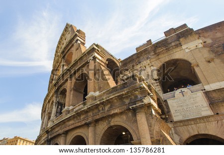 Colosseum, Rome, Italy. The Colosseum\'s original Latin name was Amphitheatrum Flavium, often anglicized as Flavian Amphitheater.