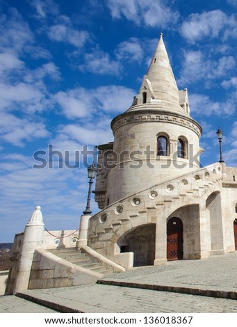 Fisherman's Bastion, on the Buda bank of the Danube, on the Castle hill in Budapest, around Matthias Church.