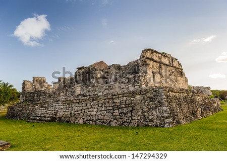 The ruins of mayan city Tulum, situated on cliffs, along the east coast of the Yucatan Peninsula on the Caribbean Sea in the state of Quintana Roo, Mexico