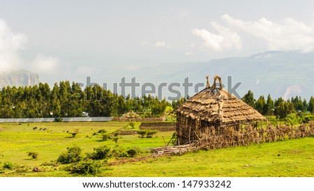 Landscape of the nature of Ethiopia with a old house in the middle