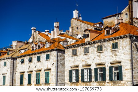Houses on the main street of Dubrovnik (Croatia) Stradun, city on the Adriatic Sea, UNESCO World Heritage Site since 1979