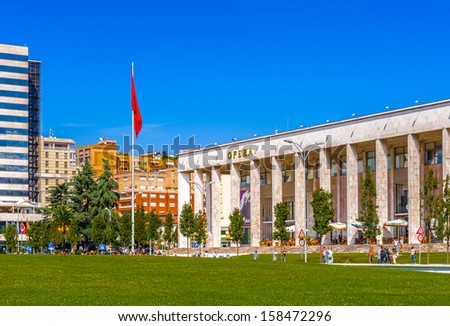 Tirana, Albania - September 23, 2013: Opera House On The Skanderbeg Square, The Main Plaza Named In 1968 After The Albanian National Hero Skanderbeg, On September 23, 2013, Tirana, Albania,