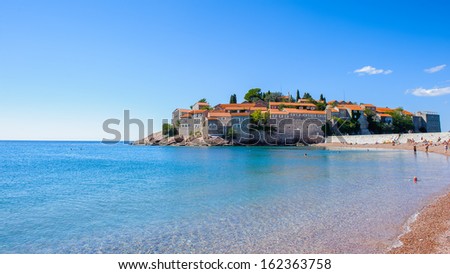 Close view of the Sveti Stefan Island (Saint Stephen), island in Montegro. Hotel for the rich people