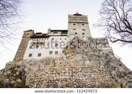 Dracula's Castle  on the top of the rock (Bran Castle), a famous castle of the Count Vlad Tepes, Bran, Romania. Home of the Vampire Dracula, the Bram Stoker's novel character.