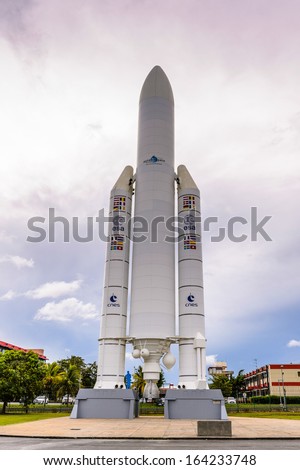 KOUROU, FRENCH GUIANA - NOVEMBER 9, 2013:  Rocket in the Museum of Space in Kourou, French Guiana on November 9, 2013. One of the most interesting places in French Guinea