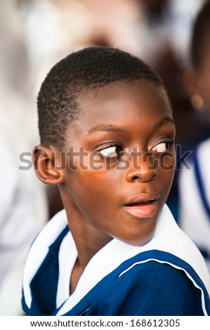 ACCRA, GHANA - MARCH 4, 2013: A student from one of the Ghanaian schools wearing special uniform in Ghana, Mar 4, 2013. School uniform is one of the ways of humanitarian help to Ghana