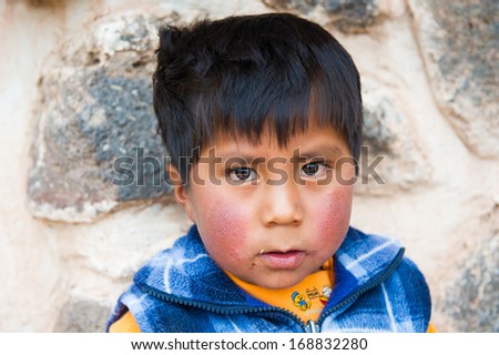 PERU - NOVEMBER 6, 2010: Portriat of an unidentified Peruvian boy in Peru, Nov 6, 2010. Over 50 per cent of people in Peru live below the the poverty line.