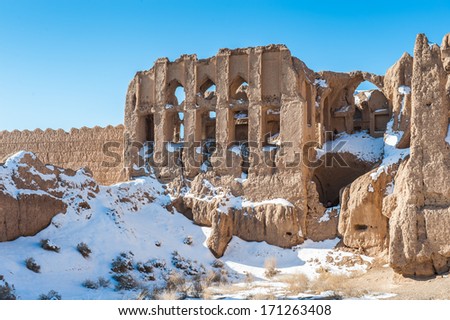 Close view on the almost destroyed house in the Iranian desert