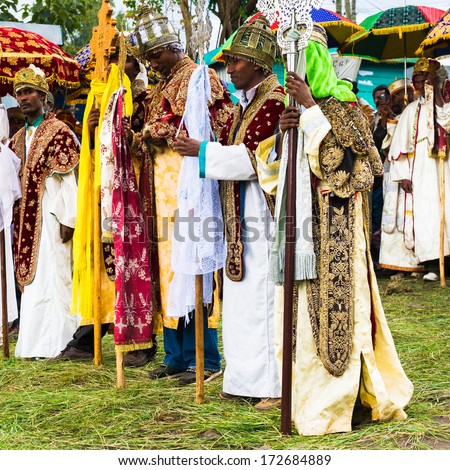 LALIBELA, ETHIOPIA - SEP 27, 2011: Unidentified Ethiopian group of people wathing the religious festival Meskel in Ehtiopia, Sep 27, 2011. Meskel commemorates the finding of the True Cross