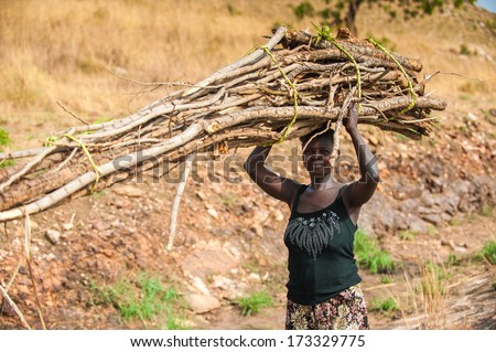 KARA, TOGO - MARCH 7, 2012: Unidentified Togolese woman carries dry wood over her head in Togo, Mar 7, 2012. People in Togo suffer of poverty due to unstable economical situation