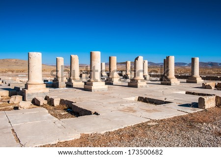 Colums of the Perivate Palace in the Ancient Persian city of Pasargad, Iran. UNESCO World Heritage
