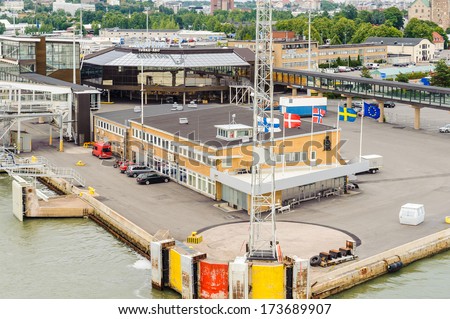 TURKU, FINLAND - JULY 22, 2013: Panorama of the Port of Turku, Finland, July 22, 2013. Port of Turku has a status of major Baltic Sea trading post