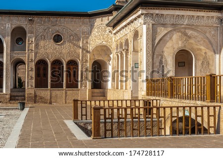 KASHAN, IRAN - JAN 10, 2014: Courtyard of the Tabatabaei House,  a historic house in Kashan, Iran on Jan 10, 2014. It was built in early 1880s for the affluent Tabatabaei family.