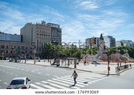 BUENOS AIRES, ARGENTINA - FEB 15, 2014: Congressional Plaza (Plaza Congreso) is a public park facing the Argentine Congress in Buenos Aires. It\'s the Kilometre Zero for all Argentine National Highways