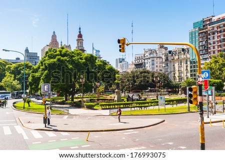 BUENOS AIRES, ARGENTINA - FEB 15, 2014: Congressional Plaza (Plaza Congreso) is a public park facing the Argentine Congress in Buenos Aires. It\'s the Kilometre Zero for all Argentine National Highways