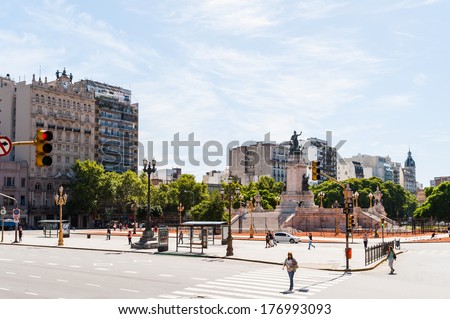 BUENOS AIRES, ARGENTINA - FEB 15, 2014: Congressional Plaza (Plaza Congreso) is a public park facing the Argentine Congress in Buenos Aires. It's the Kilometre Zero for all Argentine National Highways