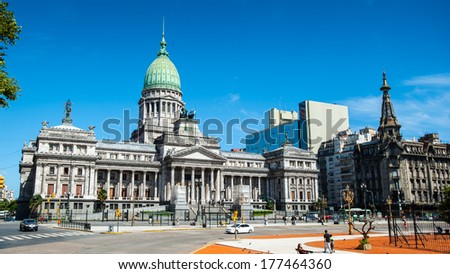 Buenos Aires, Argentina - Feb 15, 2014: Argentine National Congress Palace, Buenos Aires, Argentina. The Kilometre Zero For All Argentine National Highways Is Marked At The Congressional Plaza,
