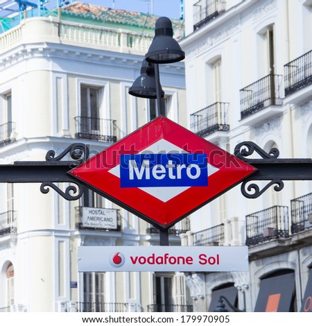 MADRID, SPAIN - MAR 4, 2014: Metro station Vodafone Sol on the Puerta del Sol, Madrid, Spain. Puerta del Sol is the centre (Km 0) of the radial network of Spanish roads.