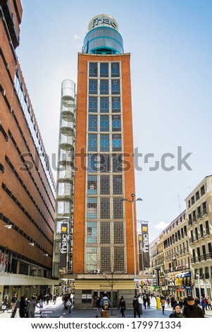 MADRID, SPAIN - MAR 4, 2014: FNAC building on the Callao square near the Gran via, Madrid, Spain. Gran via is known as the the street that never sleeps or as Spanish Brodway