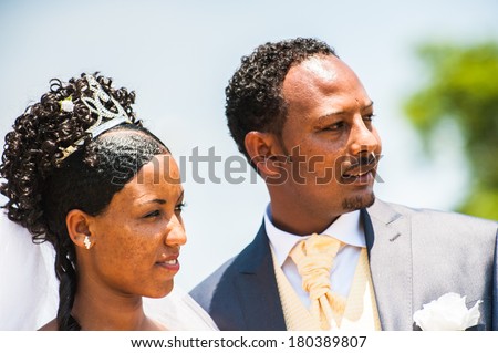 AKSUM, ETHIOPIA - SEPTEMBER 24, 2011: Unidentified Ethiopian bride and husband have a traditional Ethiopian wedding. People in Ethiopia suffer of poverty due to the unstable situation