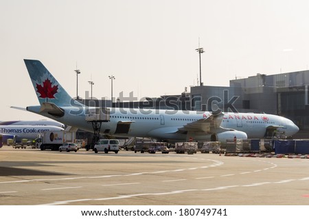 FRANKFURT, GERMANY - MAR 6, 2014: Aircraft of the Air Canada company parked at the Frankfurt Intrnational Airport. The Frankfurt Airport is one of the largest airports in the world.