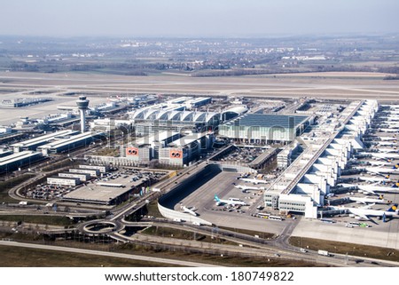 MUNICH, GERMANY - MAR 9, 2014: Aerial view of the Munich International airport (Flughafen Munchen)  . It is the second busiest airport in Germany in terms of passenger traffic behind Frankfurt Airport