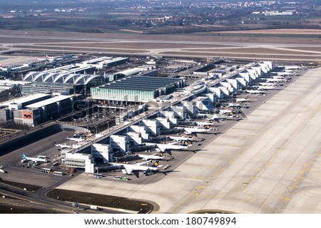 MUNICH, GERMANY - MAR 9, 2014: Aerial view of the Munich International airport (Flughafen Munchen)  . It is the second busiest airport in Germany in terms of passenger traffic behind Frankfurt Airport