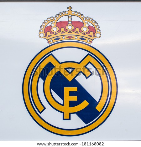 MADRID, SPAIN - MAR 11, 2014: Real Madrid sign of the Santiago Bernabeu stadium. Santiago Bernabeu is a home arena for the Real Madrid Club de Futbol