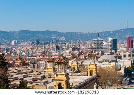 BARCELONA, SPAIN - MAR 15, 2014: View on the Spain Square from National Art Museum of Catalonia. It  is one of Barcelona\'s most important squares, built for the 1929 International Exhibition
