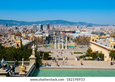 BARCELONA, SPAIN - MAR 15, 2014: View on the Spain Square from National Art Museum of Catalonia. It  is one of Barcelona\'s most important squares, built for the 1929 International Exhibition