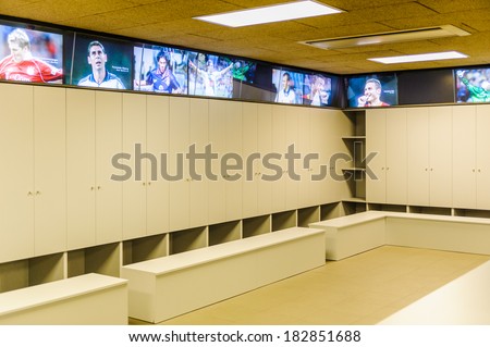 BARCELONA, SPAIN - MAR 15, 2014: Changing room on the Nou Camp stadium. Camp Nou is the home arena for FC Barcelona and seats 99786 people.