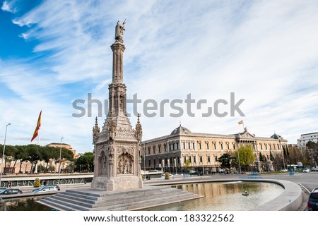 MADRID, SPAIN - MAR 23, 2014: Monumento to Christopher Columbus on the Colon Square (plaza de Colon) in Madrid, Spain. Columbus was the Italian explorer, navigator and colonizer