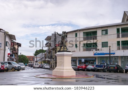CAYENNE, FRENCH GUIANA - NOV 9, 2013: Monument of the Victor-Schoelcher square in Cayenne, French Guiana. Cayenne was used as a French penal colony from 1854 to 1938.