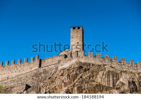 The Torre Bianca (White tower) of the Castelgrande in Bellinzona, Switzerland. UNESCO WOrld Heritage sign