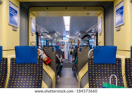 MILAN, ITALY - MAR 29, 2014:  Interior of the train of the Swiss railway company Swiss Federal Railways (SBB). The company was founed in 1902