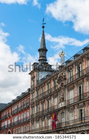 MADRID, SPAIN - APR 3, 2014: Architecture on the Plaza Mayor, Madrid, Spain. It\'s the Spanish Property of Cultural Interest