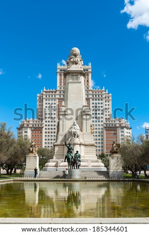 MADRID, SPAIN - APR 3, 2014: Sculpture of Don Quixote on the Plaza de Espana, Madrid, Spain. Fictional character of Miguel Cervantes novel,  who was a Spanish novelist, poet and playwright
