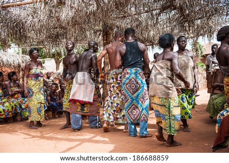 KARA, TOGO - MAR 11, 2012:  Unidentified Togolese people dance  the religious voodoo dance. Voodoo is the West African religion