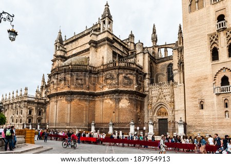 SEVILLE, SPAIN - APR 14, 2014:  Seville Cathedral, Roman Catholic cathedral in Seville,Spain. It is the largest Gothic cathedral and the third-largest church in the world.