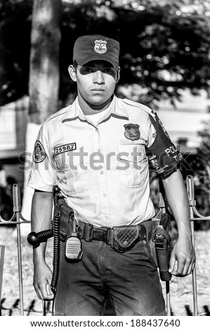 SAN SALVADOR, SALVADOR - JAN 5, 2012: Unidentified Salvador local policeman. 86% of the population of Salvador are Mestizos