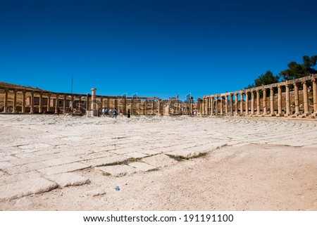 Colonnade on the Roman Oval Forum, Ancient Roman city of Gerasa of Antiquity , modern Jerash, Jordan